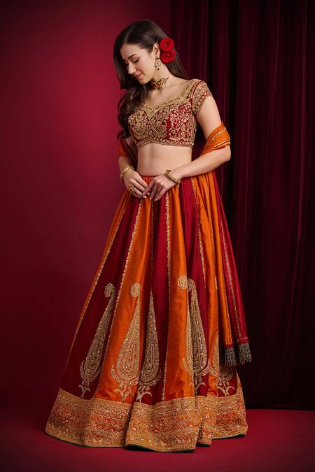Buy_Aayushi Maniar_Maroon Silk Embroidery, Zari, Metallic Sindoori Multi Panelled Lehenga Set _Online_at_Aza_Fashions