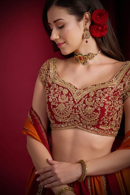 Shop_Aayushi Maniar_Maroon Silk Embroidery, Zari, Metallic Sindoori Multi Panelled Lehenga Set _Online_at_Aza_Fashions