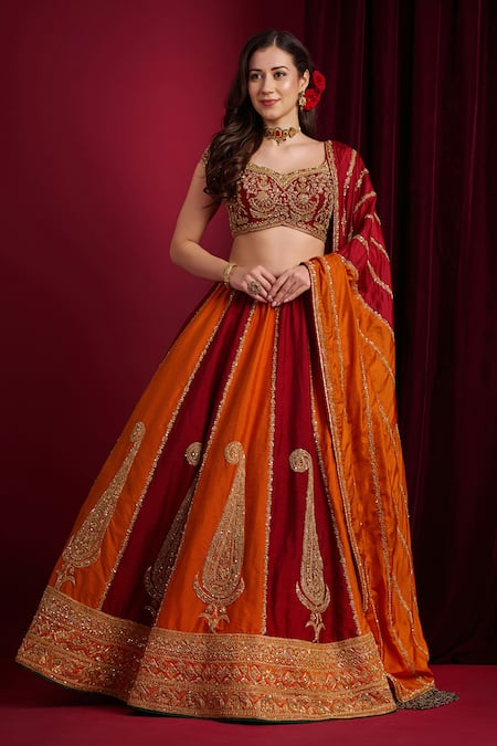 Aayushi Maniar_Maroon Silk Embroidery, Zari, Metallic Sindoori Multi Panelled Lehenga Set _at_Aza_Fashions