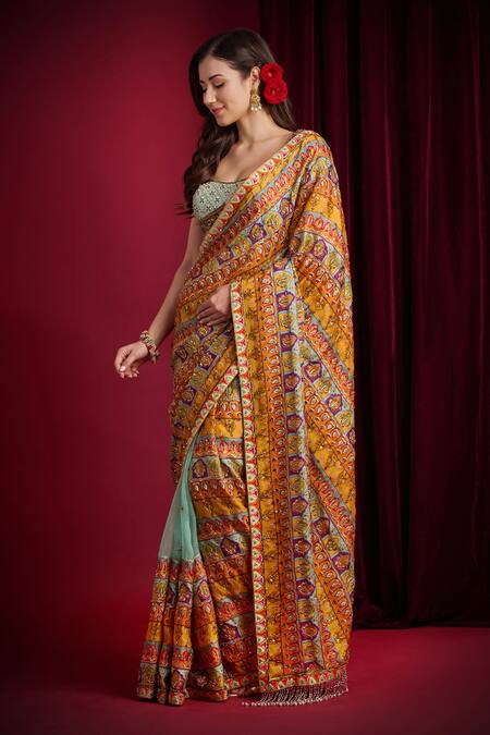 Aayushi Maniar_Yellow Organza, Tissue Shakuntala Printed Pre-draped Saree With Blouse _Online_at_Aza_Fashions