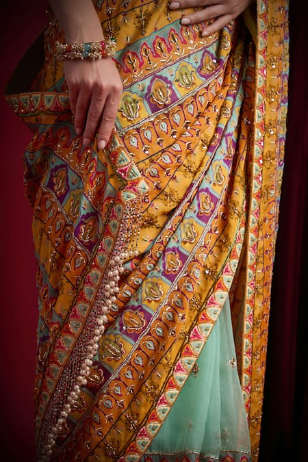 Shop_Aayushi Maniar_Yellow Organza, Tissue Shakuntala Printed Pre-draped Saree With Blouse _Online_at_Aza_Fashions