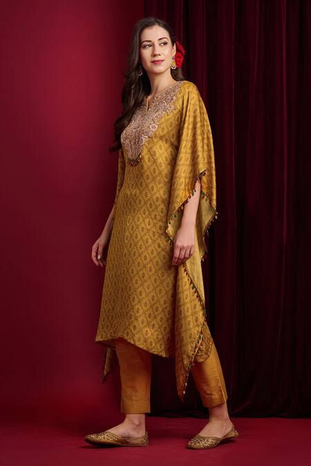 Aayushi Maniar_Mustard Organza Embroidery, Sequins, Beads, Ira Printed Kaftan And Pant Set _Online_at_Aza_Fashions