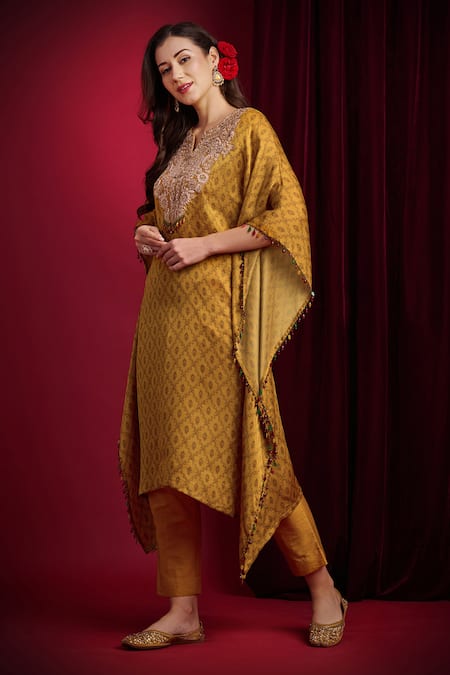 Buy_Aayushi Maniar_Mustard Organza Embroidery, Sequins, Beads, Ira Printed Kaftan And Pant Set _Online_at_Aza_Fashions