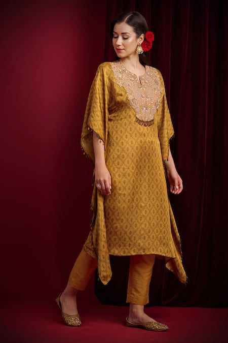 Shop_Aayushi Maniar_Mustard Organza Embroidery, Sequins, Beads, Ira Printed Kaftan And Pant Set _Online_at_Aza_Fashions