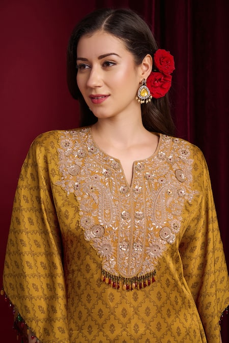 Aayushi Maniar_Mustard Organza Embroidery, Sequins, Beads, Ira Printed Kaftan And Pant Set _at_Aza_Fashions