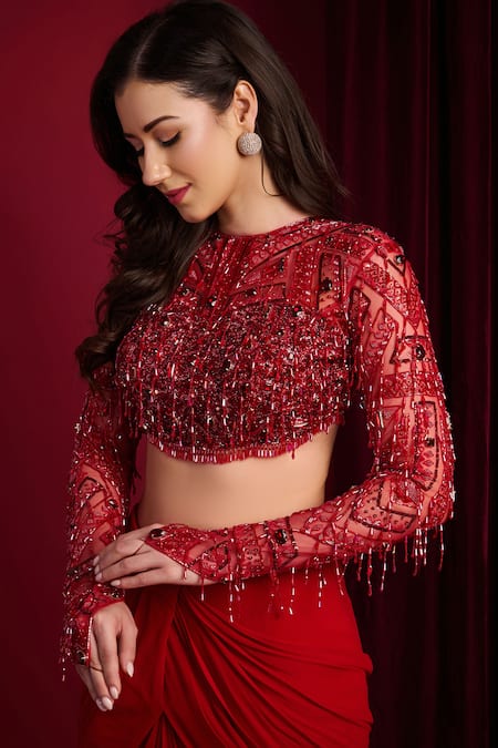 Aayushi Maniar_Red Georgette, Net Embroidery, Beads, Sequins Kaira Mermaid Lehenga And Blouse Set _Online_at_Aza_Fashions
