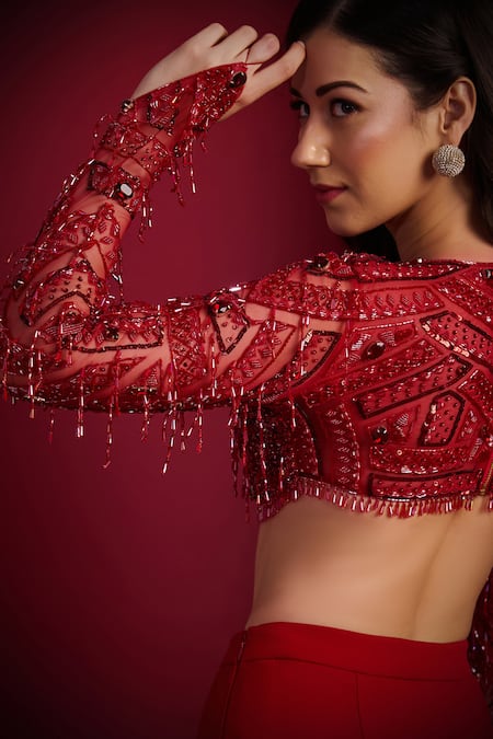 Buy_Aayushi Maniar_Red Georgette, Net Embroidery, Beads, Sequins Kaira Mermaid Lehenga And Blouse Set _Online_at_Aza_Fashions
