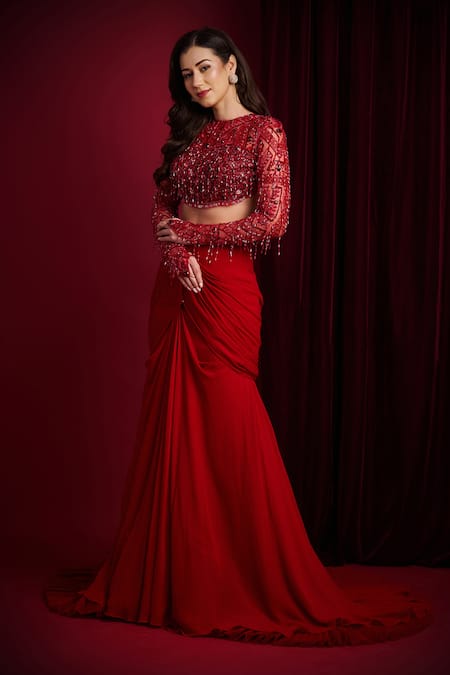 Shop_Aayushi Maniar_Red Georgette, Net Embroidery, Beads, Sequins Kaira Mermaid Lehenga And Blouse Set _Online_at_Aza_Fashions
