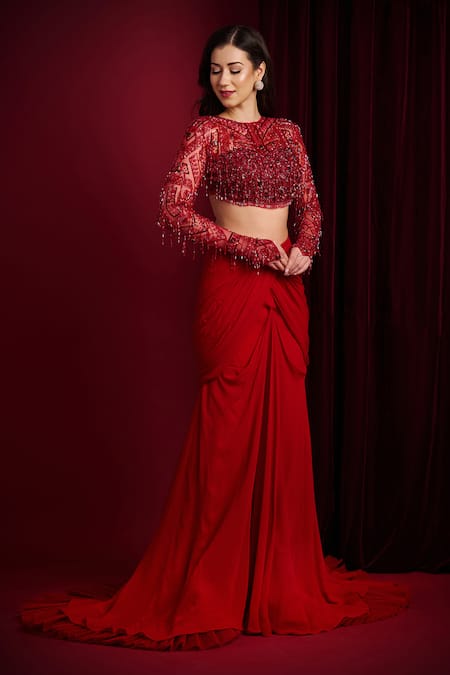 Aayushi Maniar_Red Georgette, Net Embroidery, Beads, Sequins Kaira Mermaid Lehenga And Blouse Set _at_Aza_Fashions