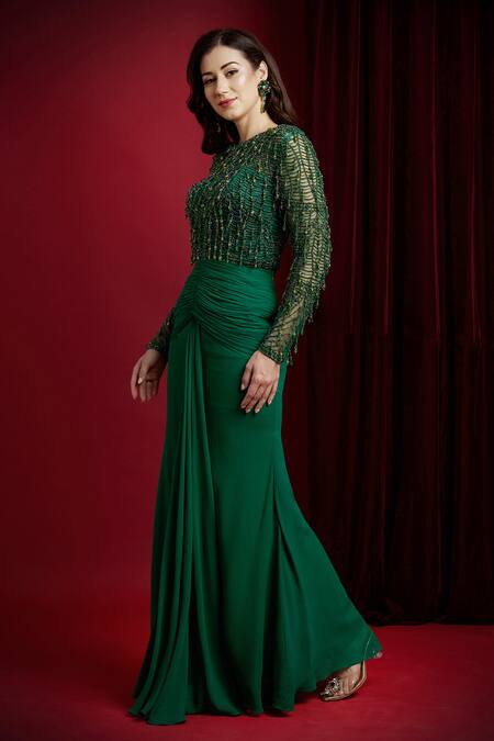 Buy_Aayushi Maniar_Green Georgette, Net Beads, Embroidery Round Neck Mira Draped Skirt And Bodysuit _Online_at_Aza_Fashions