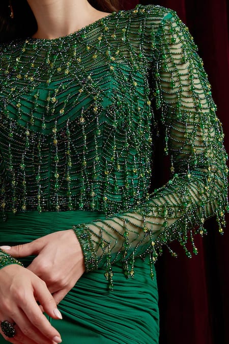 Aayushi Maniar_Green Georgette, Net Beads, Embroidery Round Neck Mira Draped Skirt And Bodysuit _at_Aza_Fashions