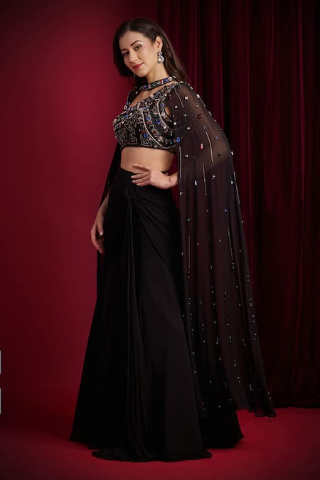 Buy_Aayushi Maniar_Black Net, Georgette Beads, Crystals, Vira Embroidered Blouse Draped Skirt Set _Online_at_Aza_Fashions