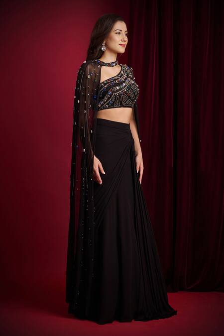 Shop_Aayushi Maniar_Black Net, Georgette Beads, Crystals, Vira Embroidered Blouse Draped Skirt Set _Online_at_Aza_Fashions