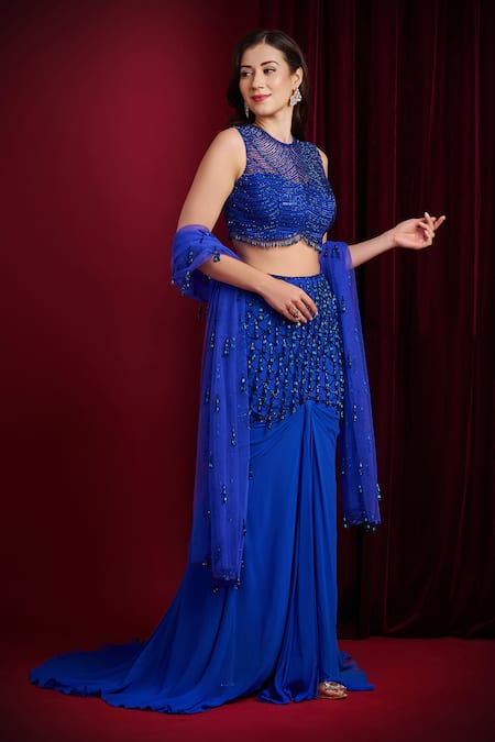 Aayushi Maniar_Blue Georgette, Net Beads, Embroidery, Sequins Indra Draped Mermaid Lehenga Set _Online_at_Aza_Fashions