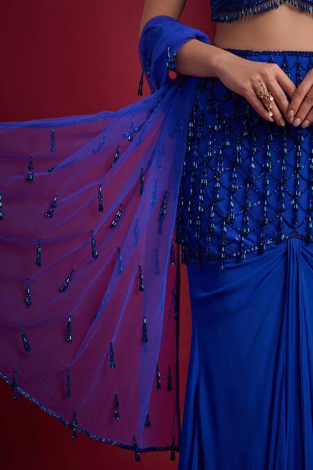 Aayushi Maniar_Blue Georgette, Net Beads, Embroidery, Sequins Indra Draped Mermaid Lehenga Set _at_Aza_Fashions