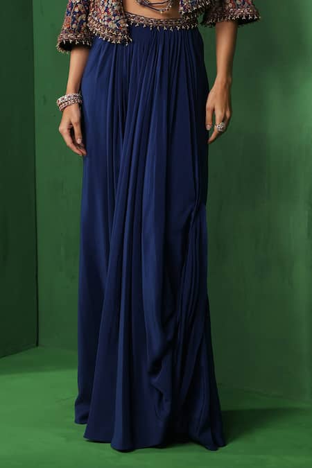 Buy_Ridhima Bhasin_Navy Georgette, Crepe Embroidery, Sequins, Midnight Jacket Draped Skirt Set _Online_at_Aza_Fashions