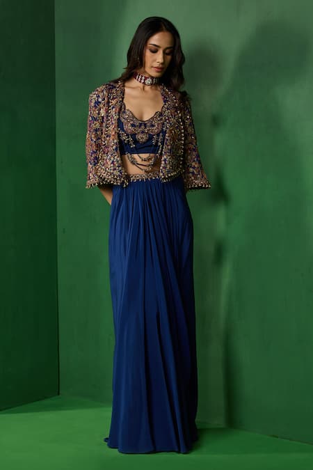 Shop_Ridhima Bhasin_Navy Georgette, Crepe Embroidery, Sequins, Midnight Jacket Draped Skirt Set _Online_at_Aza_Fashions
