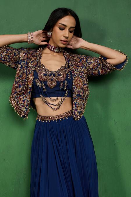 Ridhima Bhasin_Navy Georgette, Crepe Embroidery, Sequins, Midnight Jacket Draped Skirt Set _at_Aza_Fashions