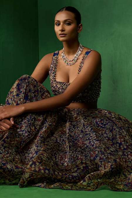 Buy_Ridhima Bhasin_Blue Organza Beads, Sequins, Embroidery, Zari Ovelyn Printed Blouse Lehenga Set _Online_at_Aza_Fashions