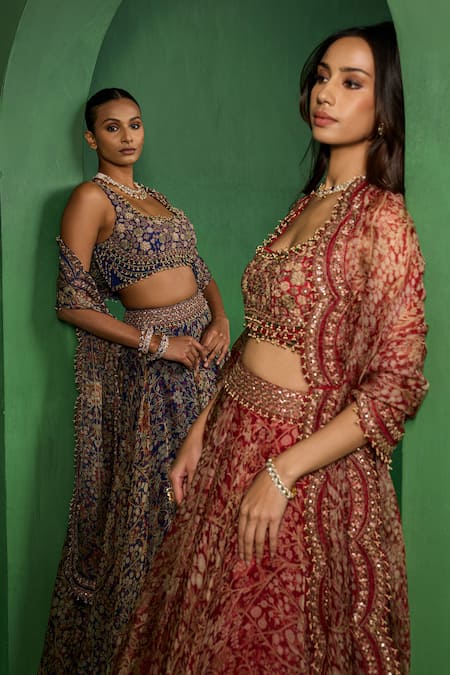 Shop_Ridhima Bhasin_Blue Organza Beads, Sequins, Embroidery, Zari Ovelyn Printed Blouse Lehenga Set _Online_at_Aza_Fashions