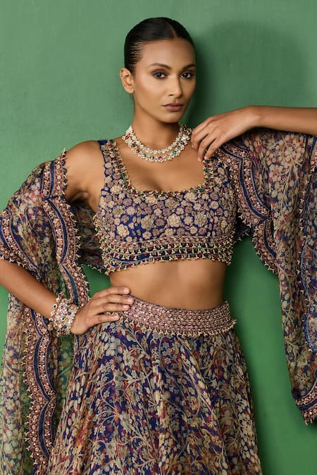 Ridhima Bhasin_Blue Organza Beads, Sequins, Embroidery, Zari Ovelyn Printed Blouse Lehenga Set _at_Aza_Fashions