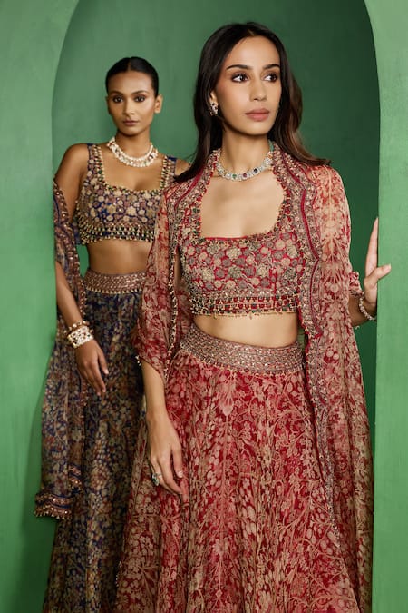 Buy_Ridhima Bhasin_Blue Organza Beads, Sequins, Embroidery, Zari Ovelyn Printed Blouse Lehenga Set 