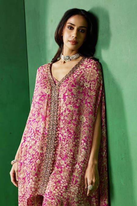 Ridhima Bhasin_Pink Georgette, Rayon Beads, Embroidery V-neck Inor Printed Kurta And Pant Set _Online_at_Aza_Fashions