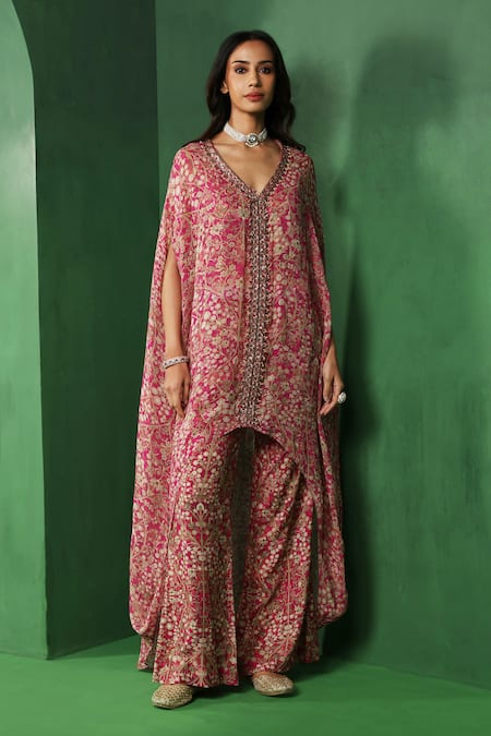 Buy_Ridhima Bhasin_Pink Georgette, Rayon Beads, Embroidery V-neck Inor Printed Kurta And Pant Set _Online_at_Aza_Fashions