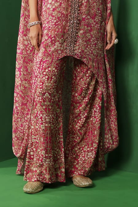 Shop_Ridhima Bhasin_Pink Georgette, Rayon Beads, Embroidery V-neck Inor Printed Kurta And Pant Set _Online_at_Aza_Fashions