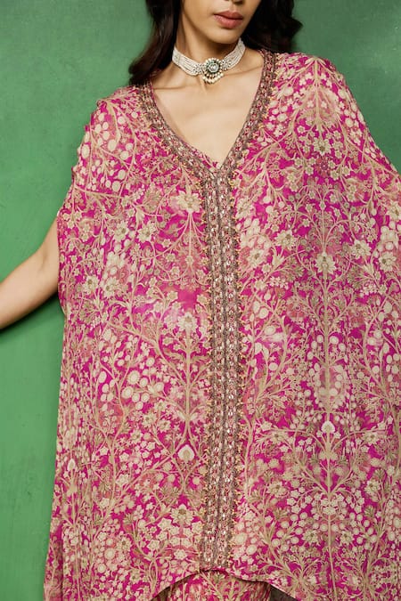 Ridhima Bhasin_Pink Georgette, Rayon Beads, Embroidery V-neck Inor Printed Kurta And Pant Set _at_Aza_Fashions