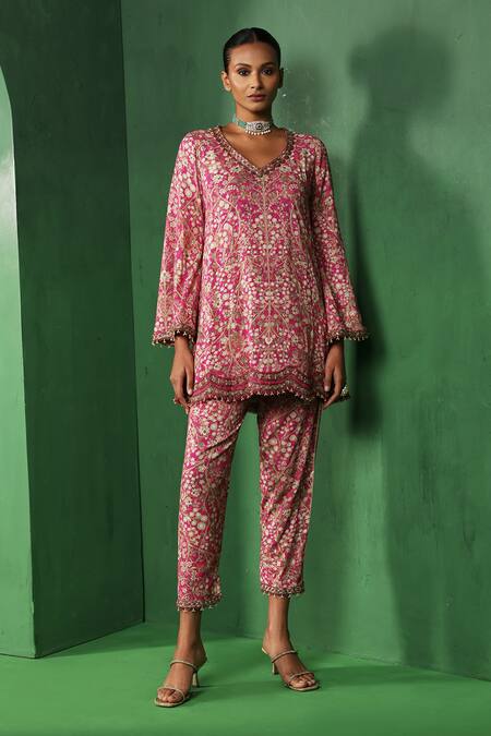 Buy_Ridhima Bhasin_Pink Rayon Embroidery, Beads V-neck Elin Printed Kurta And Pant Set _Online_at_Aza_Fashions