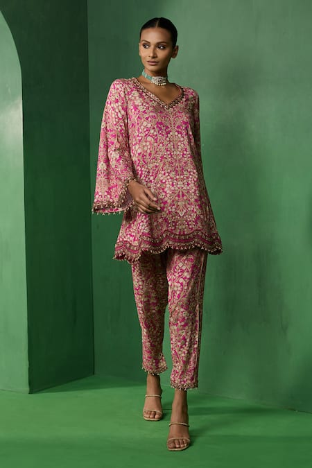 Shop_Ridhima Bhasin_Pink Rayon Embroidery, Beads V-neck Elin Printed Kurta And Pant Set _Online_at_Aza_Fashions