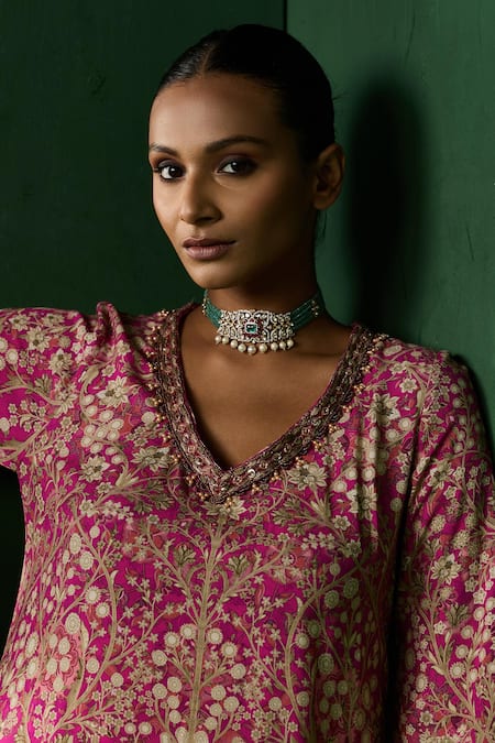 Ridhima Bhasin_Pink Rayon Embroidery, Beads V-neck Elin Printed Kurta And Pant Set _at_Aza_Fashions