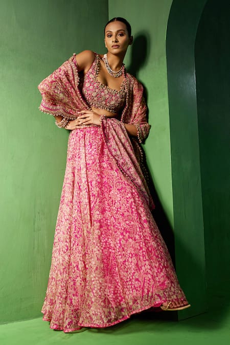 Buy_Ridhima Bhasin_Pink Organza Embroidery, Beads, Zari Sweetheart Neck Alora Printed Lehenga Set _Online_at_Aza_Fashions