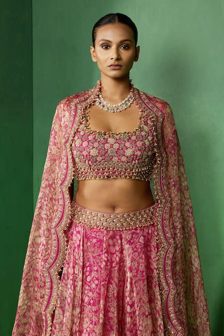 Buy_Ridhima Bhasin_Pink Organza Embroidery, Beads, Zari Sweetheart Neck Alora Printed Lehenga Set 
