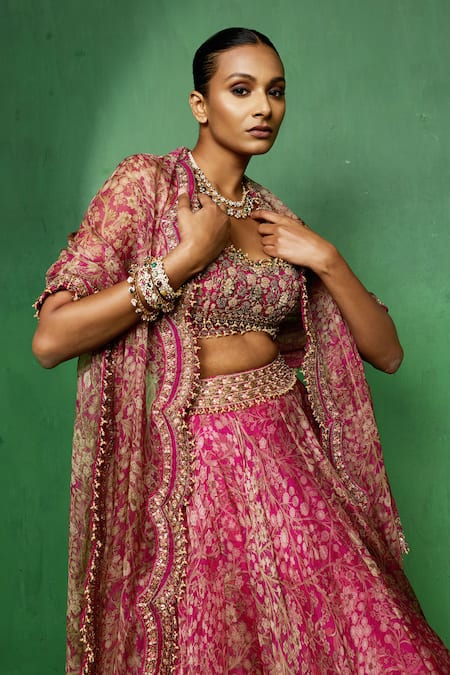 Shop_Ridhima Bhasin_Pink Organza Embroidery, Beads, Zari Sweetheart Neck Alora Printed Lehenga Set 