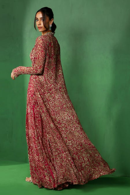 Buy_Ridhima Bhasin_Pink Chiffon, Organza Embroidery, Sequins, Zari Rheya Printed Jacket Sharara Set _Online_at_Aza_Fashions