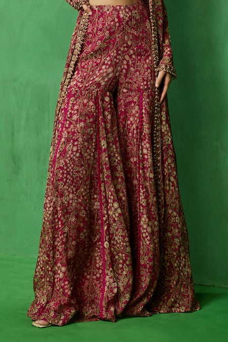 Shop_Ridhima Bhasin_Pink Chiffon, Organza Embroidery, Sequins, Zari Rheya Printed Jacket Sharara Set _Online_at_Aza_Fashions