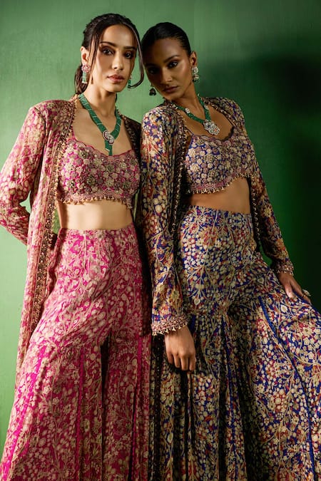 Ridhima Bhasin_Pink Chiffon, Organza Embroidery, Sequins, Zari Rheya Printed Jacket Sharara Set _at_Aza_Fashions