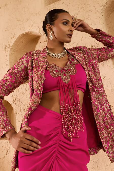 Ridhima Bhasin_Pink Georgette Embroidery, Beads, Tassels Round Neck, Gulnaar Jacket Skirt Set _Online_at_Aza_Fashions
