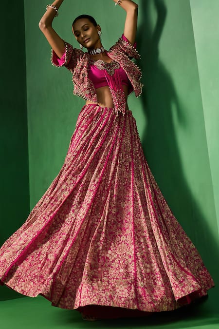 Buy_Ridhima Bhasin_Pink Georgette Embroidery, Beads, Tassels Round Neck, Gulnaar Jacket Skirt Set _Online_at_Aza_Fashions