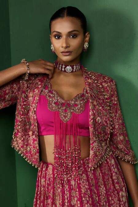 Shop_Ridhima Bhasin_Pink Georgette Embroidery, Beads, Tassels Round Neck, Gulnaar Jacket Skirt Set _Online_at_Aza_Fashions