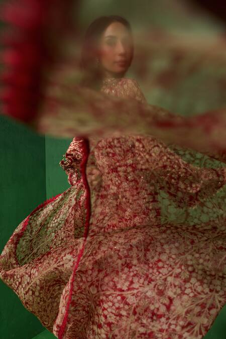 Ridhima Bhasin_Red Georgette, Chanderi Embroidery, Zari, Gota Arsia Printed Kurta Palazzo Set _Online_at_Aza_Fashions