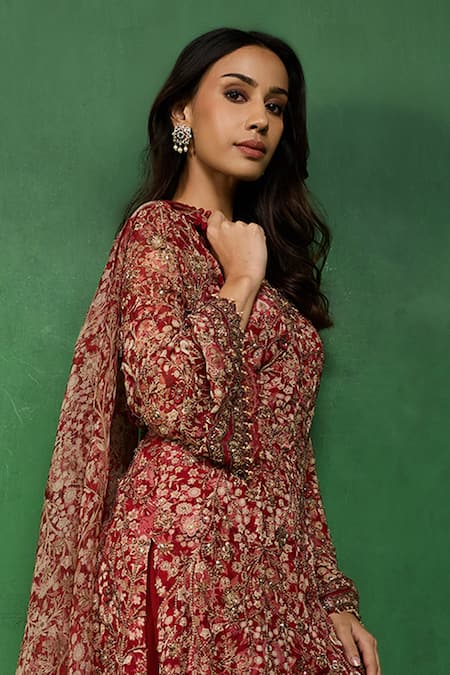 Shop_Ridhima Bhasin_Red Georgette, Chanderi Embroidery, Zari, Gota Arsia Printed Kurta Palazzo Set _Online_at_Aza_Fashions