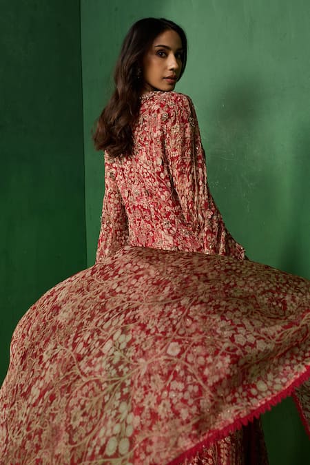 Ridhima Bhasin_Red Georgette, Chanderi Embroidery, Zari, Gota Arsia Printed Kurta Palazzo Set _at_Aza_Fashions