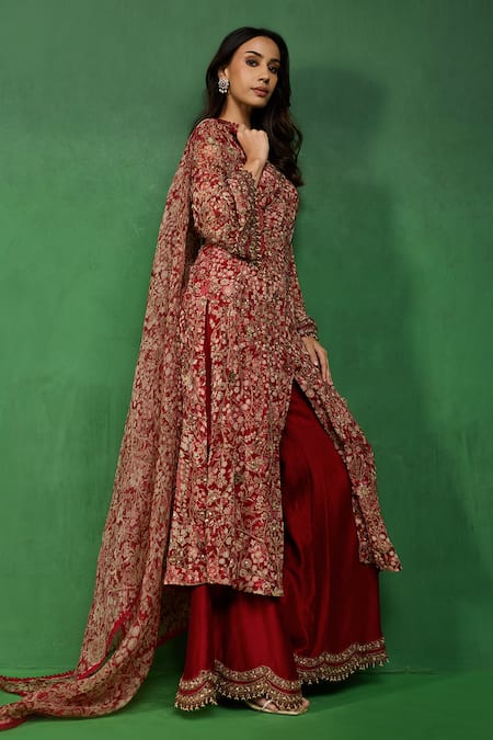 Buy_Ridhima Bhasin_Red Georgette, Chanderi Embroidery, Zari, Gota Arsia Printed Kurta Palazzo Set 