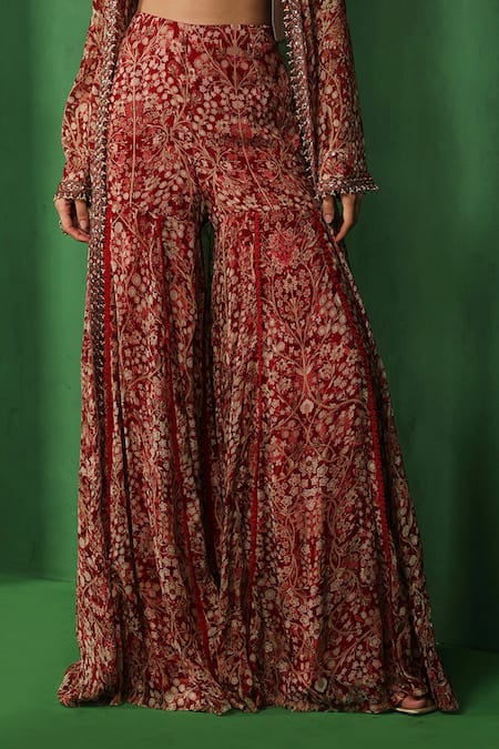 Ridhima Bhasin_Red Chiffon, Organza Embroidery, Sequins, Varen Printed Jacket Sharara Set _Online_at_Aza_Fashions