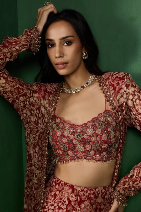 Buy_Ridhima Bhasin_Red Chiffon, Organza Embroidery, Sequins, Varen Printed Jacket Sharara Set _Online_at_Aza_Fashions