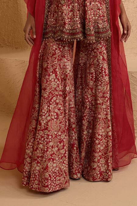 Shop_Ridhima Bhasin_Red Chanderi Embroidery, Zari Scoop Orelle Printed Peplum Kurta Sharara Set _Online_at_Aza_Fashions