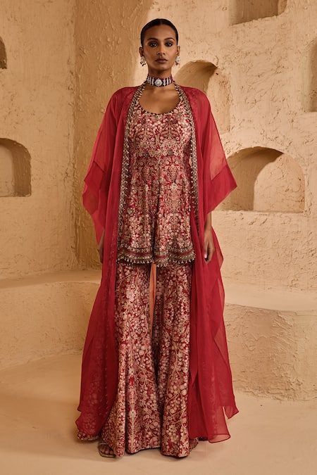 Ridhima Bhasin_Red Chanderi Embroidery, Zari Scoop Orelle Printed Peplum Kurta Sharara Set _at_Aza_Fashions